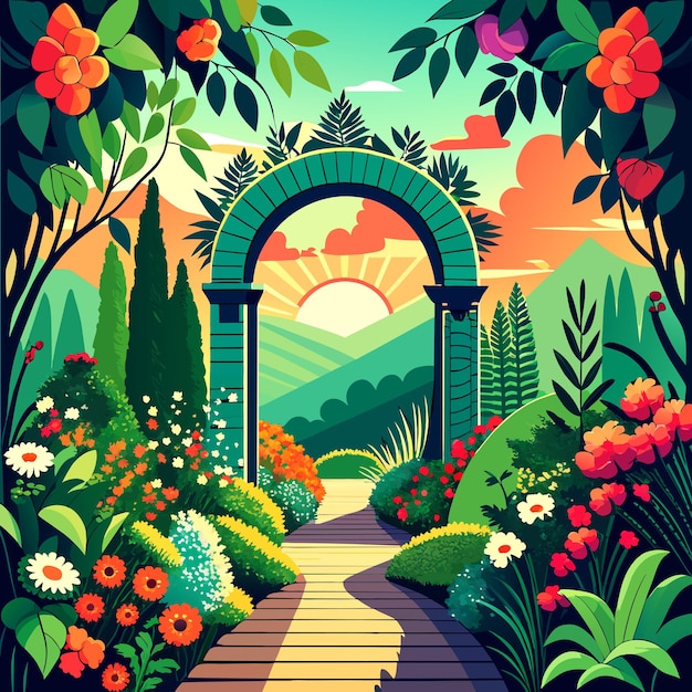 Vector sendero bajo un hermoso arco de flores y plantas ilustración vectorial