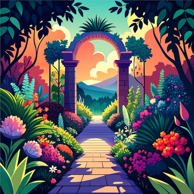 Sendero bajo un hermoso arco de flores y plantas ilustración vectorial