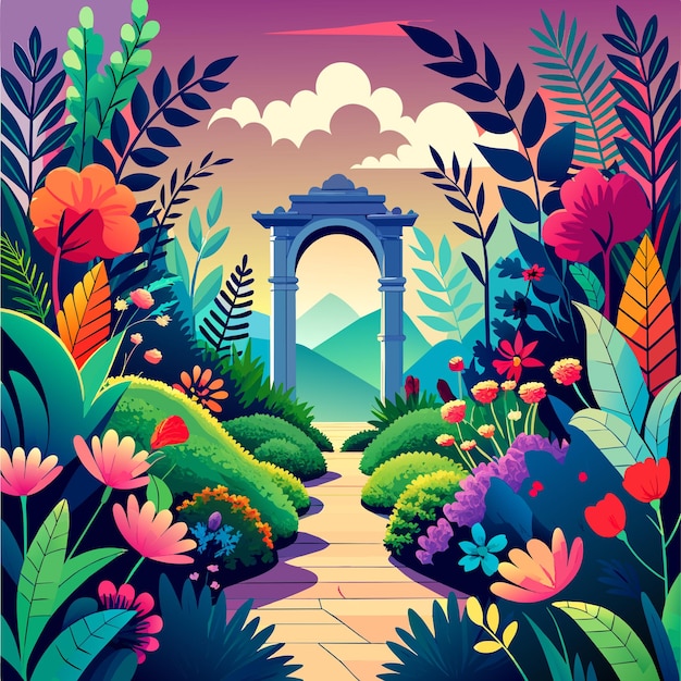 Sendero bajo un hermoso arco de flores y plantas ilustración vectorial