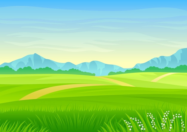 Sendero a través de un prado verde y montañoso En la distancia el bosque y las montañas Ilustración vectorial sobre fondo blanco