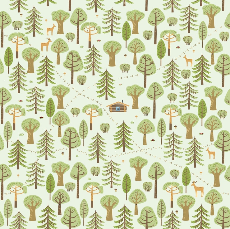 Vector senderos rastros de animales arbustos bayas hongos forman un hermoso patrón de bosque de verano