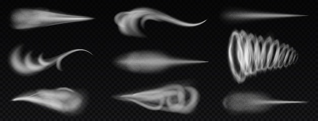 Senderos de viento realistas. Aspersión de polvo y corriente de humo y senderos de viento, corriente de humo. Conjunto de ilustración de formas curvas de flujo. Colección aislada de niebla de aire o explosión, humo volador