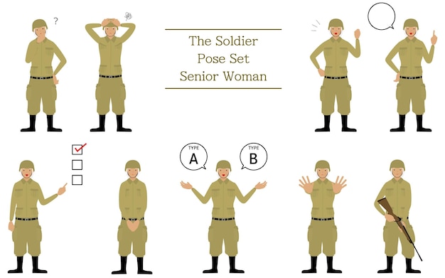 Vector senior female soldier pose set cuestionando preocupante animando a señalar, etc.