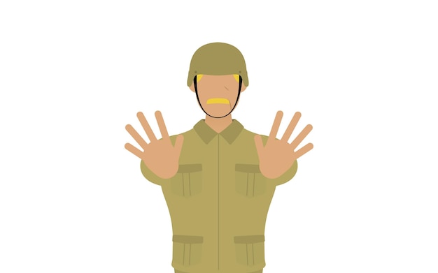 Vector senior male soldier pose stop empuje sus manos frente a usted