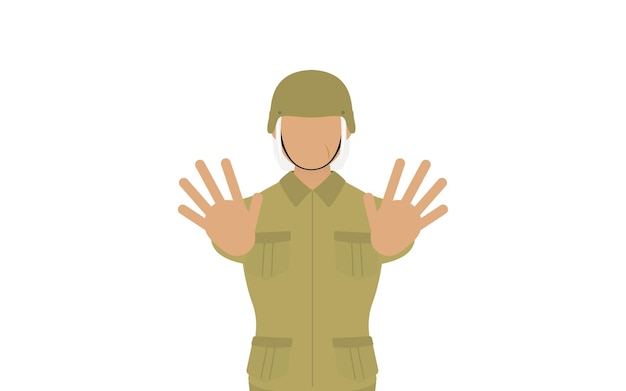 Vector senior mujer soldado pose detener empuje sus manos frente a usted