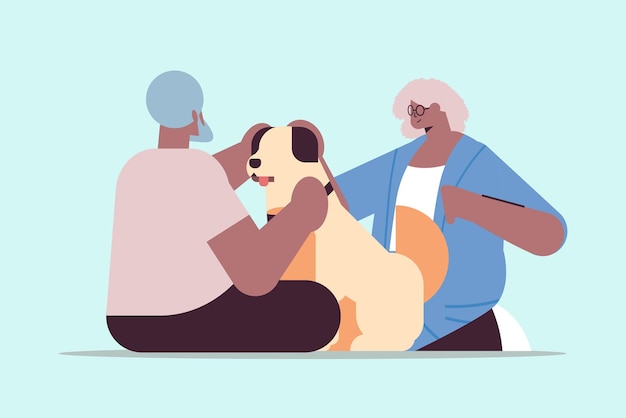 Senior pareja afroamericana pasar tiempo con perrito relajación concepto de jubilación ilustración vectorial horizontal de longitud completa
