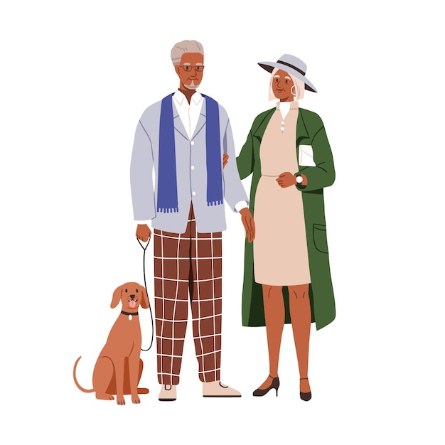 Senior pareja de anciano moderno y mujer. Cónyuge anciano con perro. Familia latinoamericana mayor con ropa de moda, ropa elegante. Ilustración de vector gráfico plano aislado sobre fondo blanco.