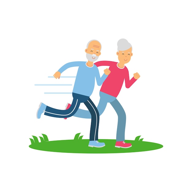 Senior pareja corriendo juntos, jubilados personas haciendo ejercicio para mantenerse saludable, saludable estilo de vida activo vector ilustración sobre un fondo blanco