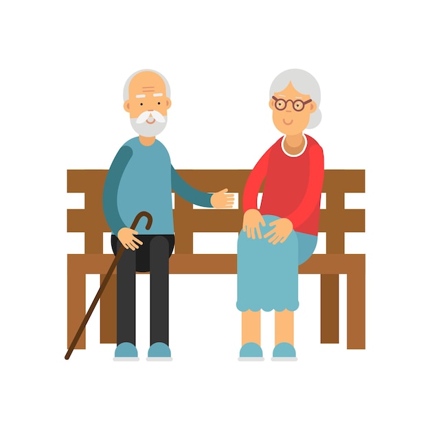 Senior pareja sentada en el banco de madera, pensionistas ocio y actividad vector ilustración aislada sobre un fondo blanco