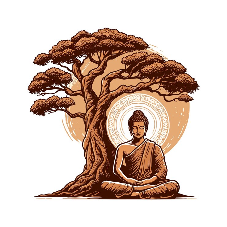 Vector el señor buda meditando en la posición del loto bajo un majestuoso árbol bodhi
