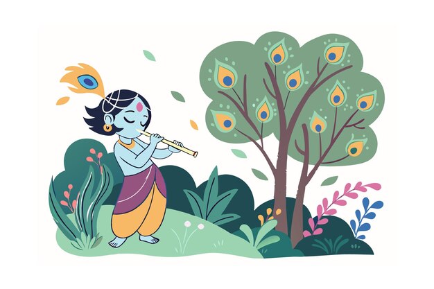 El Señor Krishna tocando la flauta bajo un árbol