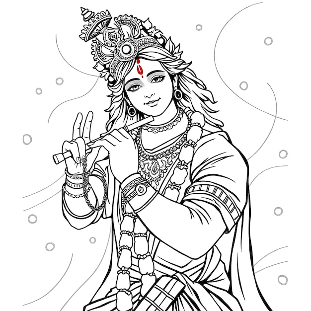 El Señor Krishna tocando la flauta Dibujo Página de colorear