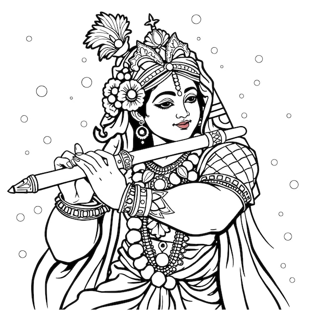 El Señor Krishna tocando la flauta Dibujo Página de colorear