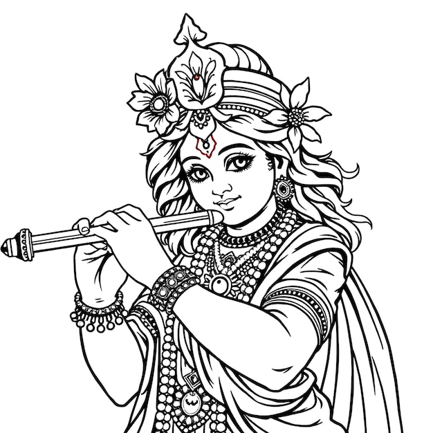 El Señor Krishna tocando la flauta Dibujo Página de colorear