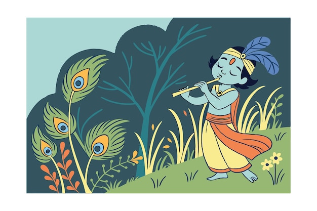 El Señor Krishna tocando la flauta con plumas de pavo real en un paisaje