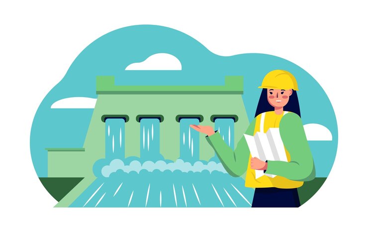 Vector señora adulta parada cerca del sistema de energía hidroeléctrica y examinando