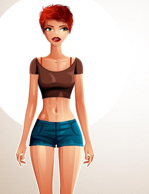 Señora bonita joven en una ropa deportiva con corte de pelo femenino moderno. Ilustración vectorial de una mujer pelirroja de pie, retrato de cuerpo completo. Idea de deporte y fitness