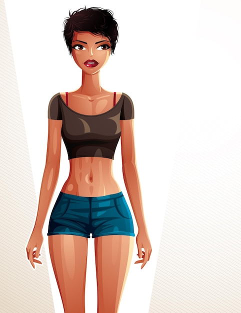 Señora bonita joven en una ropa deportiva con corte de pelo femenino moderno. Ilustración vectorial de una mujer de pie, retrato de cuerpo completo. Idea de deporte y fitness