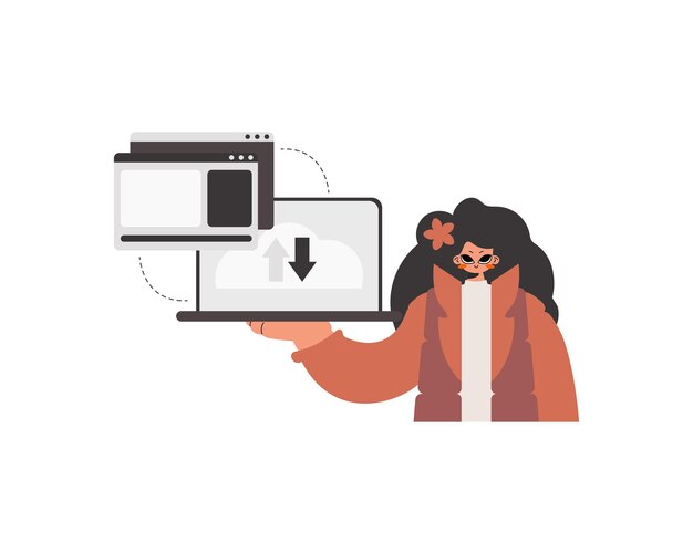 La señora enérgica sostiene una tableta en la que la información está siendo sincronizada Desconectado Ilustración vectorial de estilo trendy