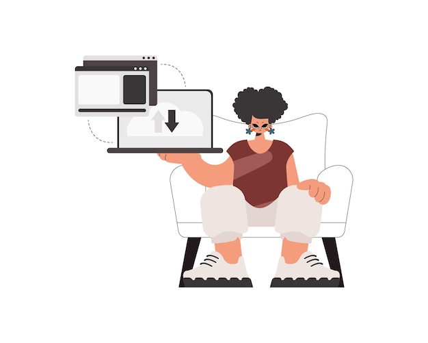 La señora energizada está sosteniendo una tableta en la que la información está siendo sincronizada Ilustración vectorial de estilo Kept Trendy
