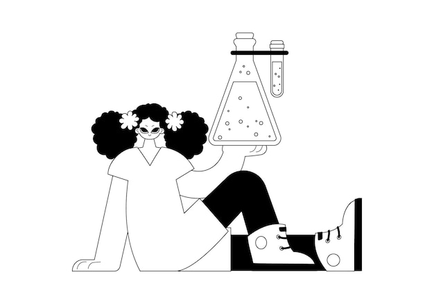 Señora energizada con un golpe químico tema de aprendizaje artesanía de línea blanca y oscura estilo de moda Ilustración vectorial