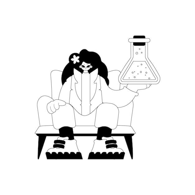Señora energizada con un golpe químico tema de aprendizaje artesanía de línea blanca y oscura estilo de moda Ilustración vectorial