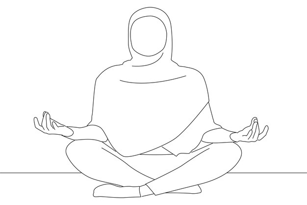 Señora en hiyab meditando en pose de yoga encontrando equilibrio interior arte de una línea