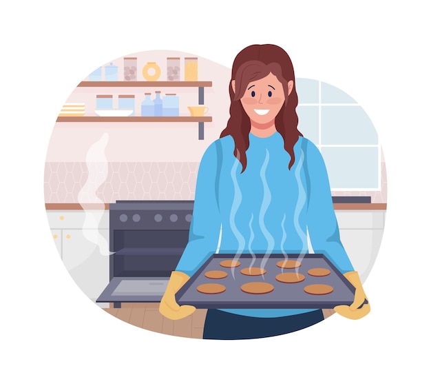 Señora horneando galletas 2d vector ilustración aislada mujer feliz preparando comida personaje plano sobre fondo de dibujos animados cocina postre escena colorida para la presentación del sitio web móvil