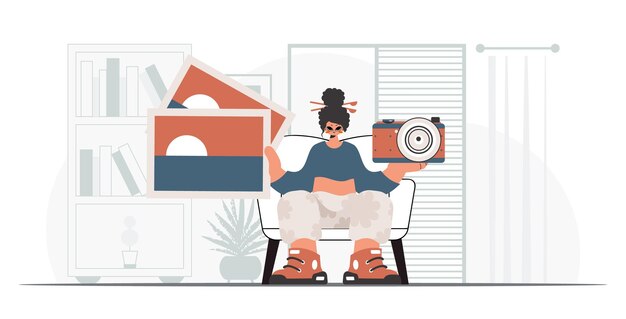 La señora interminable tiene una cámara y fotografías en sus manos El concepto de descanso y viaje Estilo de moda Ilustración vectorial