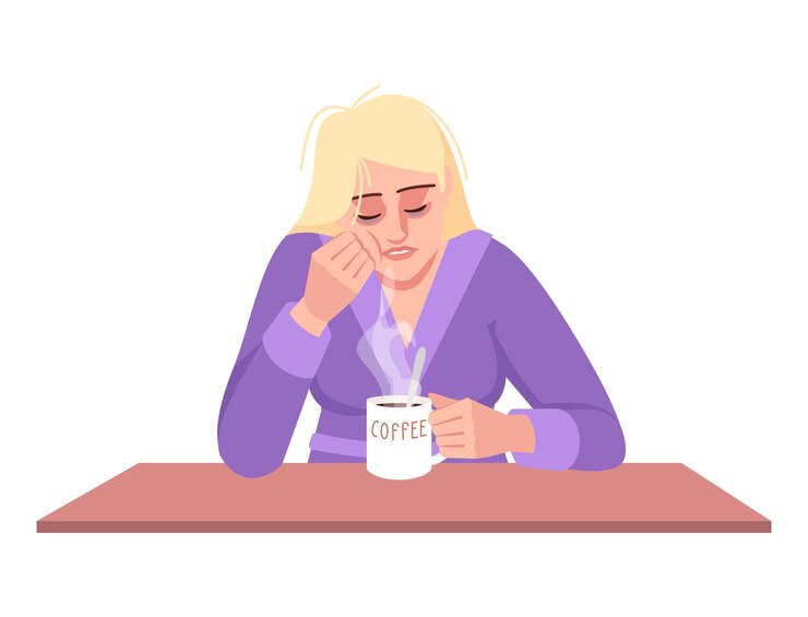 Vector señora soñolienta con ilustración de vector de color rgb semi plano café. destacó el personaje de dibujos animados aislado mujer caucásica sobre fondo blanco. agotamiento, fatiga emocional, falta de energía.
