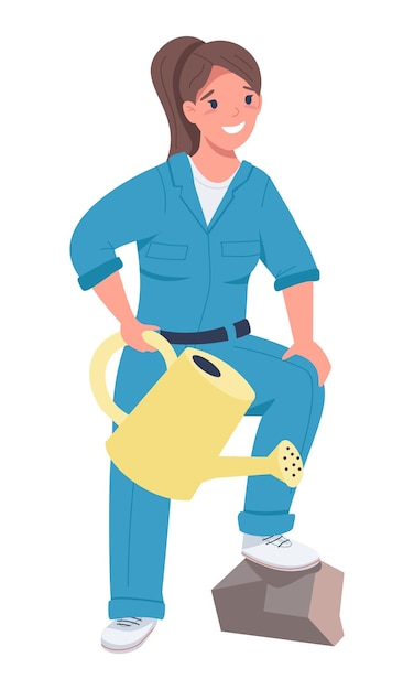 Señora sonriente con regadera carácter vectorial de color semiplano Persona de cuerpo completo en blanco Igualdad de género en el lugar de trabajo ilustración de estilo de dibujos animados simple para diseño gráfico web y animación