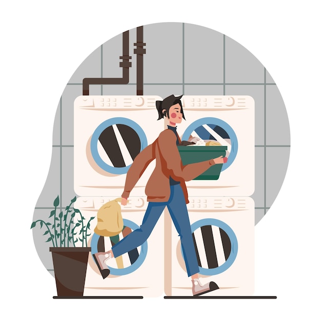 Señora sosteniendo un lavabo con ropa yendo a la lavadora Jóvenes estudiantes lavando ropa