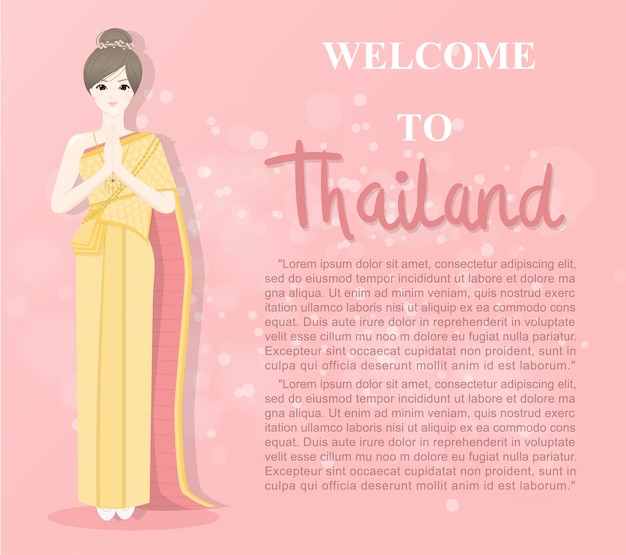Señora tailandesa en saludos tradicionales tailandeses del traje en el estilo tailandés llamado Sawaddee