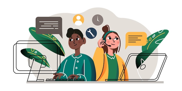 Señoras con auriculares trabajando en la oficina ayudando a los clientes Ayuda en línea para el concepto de clientes
