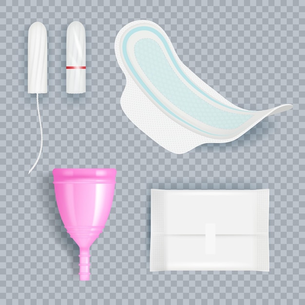 Vector señoras de higiene. almohadillas y tampones femeninos para suavidad, productos absorbentes limpios, conjunto realista de vectores. menstruación femenina saludable, protección higiénica ilustración de tampón médico