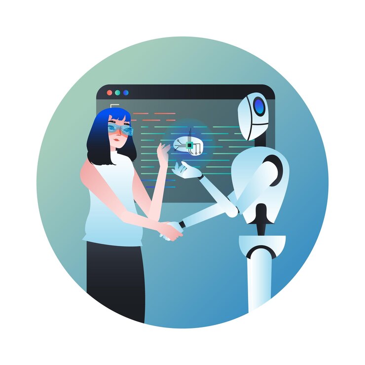 Vector señorita con gafas parada cerca del robot cogido de la mano y mirando el diagrama virtual