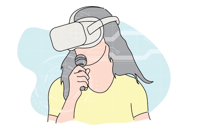 Señorita con karaoke en línea con dispositivo VR Diseño de ilustración vectorial