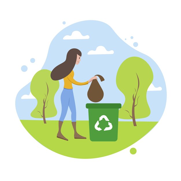 Señorita parada en el parque y poner bolsa de basura en el contenedor con logo de reciclaje voluntarios cuidando el medio ambiente reciclaje de residuos concepto de planeta limpio ilustración vectorial plana en colores verdes