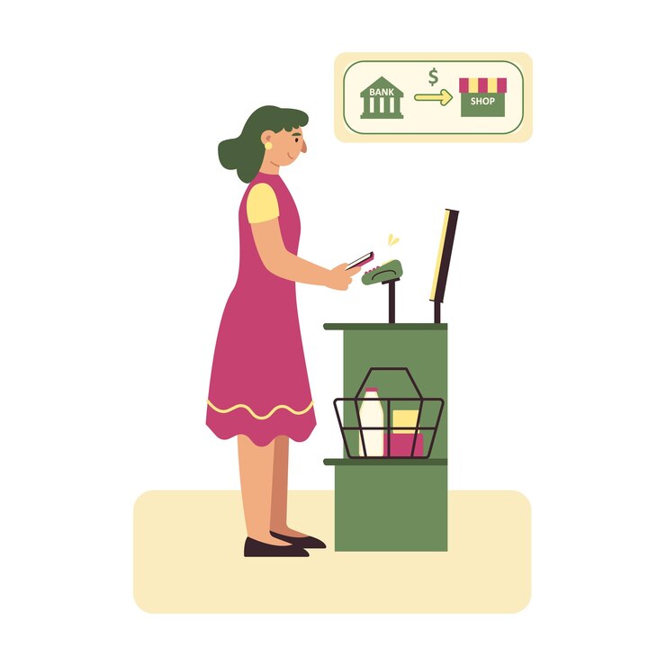 Vector señorita parada en la tienda y pagando a través de teléfono móvil, transfiriendo fondos desde la tarjeta. persona que utiliza la banca electrónica. servicios móviles, transacciones inalámbricas y autopago. ilustración plana vectorial