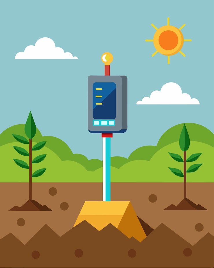 Vector un sensor alimentado por energía solar enterrado profundamente en el suelo registra los niveles de humedad del suelo y proporciona información crucial