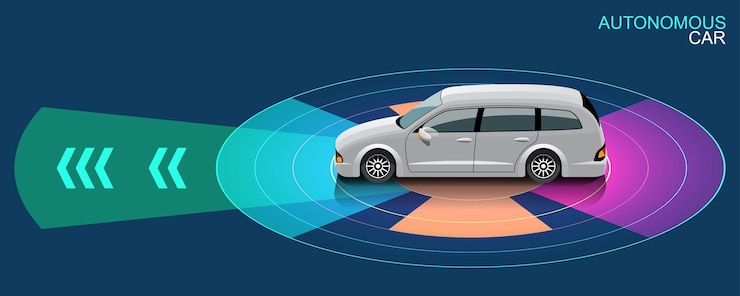 Vector sensor inalámbrico automático de automóvil inteligente autónomo que conduce en la carretera alrededor del automóvil el automóvil inteligente autónomo realiza escaneos, las carreteras observan la distancia y el sistema de frenado automático