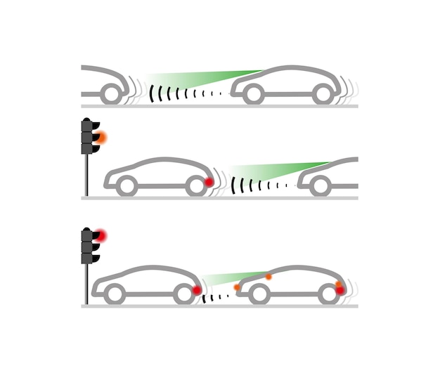 Sensor del sistema de seguimiento de vehículos. señal de tráfico de coches. seguimiento del vehículo de delante. bosquejo moderno