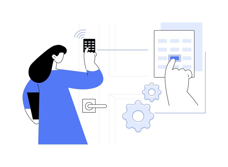 Vector sensor táctil concepto abstracto ilustración vectorial mujer abre la puerta usando un sensor táctil tecnología empresarial moderna idea iot internet de las cosas sistema de contraseña táctil metáfora abstracta