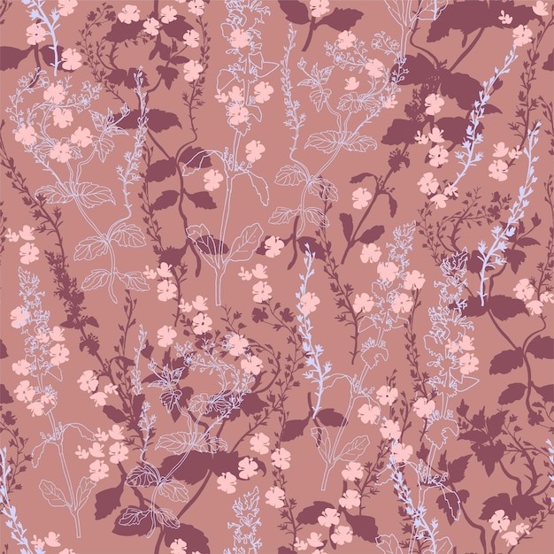 Vector sensuales flores silvestres y pastos dibujados a mano en un estilo ditsy plano sobre fondo beige