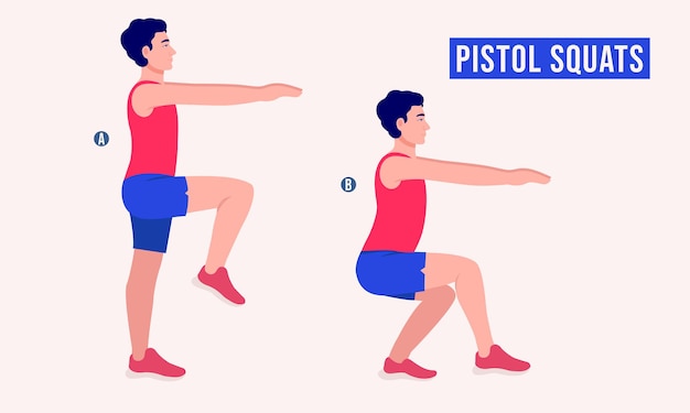 Vector sentadillas de pistola ejercicio hombres entrenamiento fitness aeróbico y ejercicios