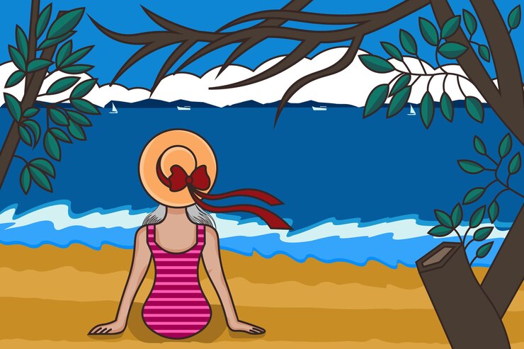 Sentado en la playa del mar disfrutando del viento y las vistas ilustración vectorial