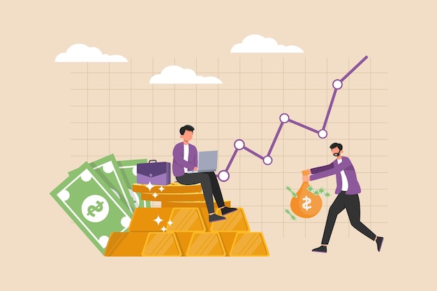 Sentarse en una pila de lingotes de oro y ver el movimiento del valor del dólar en el gráfico