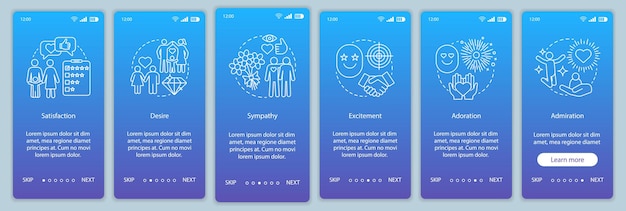 Sentimientos de relación incorporando plantilla de vector de pantalla de página de aplicación móvil. Satisfacción, deseo, adoración. Pasos del sitio web del tutorial con ilustraciones lineales. Concepto de interfaz de teléfono inteligente UX, UI, GUI