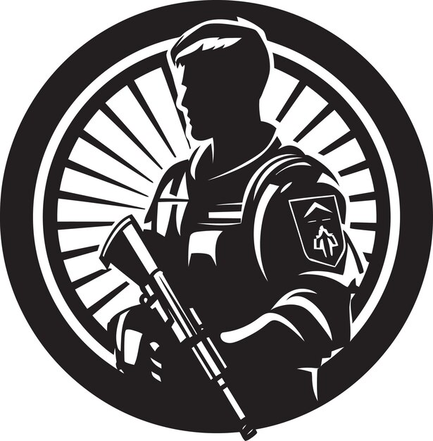 Sentinela de batalla Guerrero armado Logo negro Vector de vigilancia defensiva Soldado negro