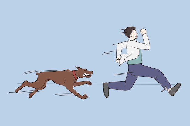Sentirse asustado y temeroso del concepto de perros joven estresado hombre asustado corriendo de un perro marrón al aire libre sintiéndose asustado y con pánico ilustración vectorial